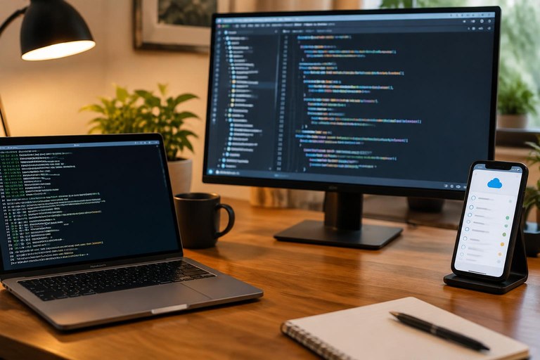 Bancada de trabalho com terminal no notebook, editor de código no monitor e uma tarefa em andamento no celular