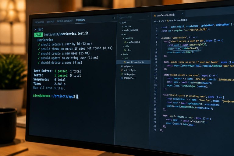 Monitor de desenvolvedor mostrando um terminal com testes passando ao lado de um editor de código