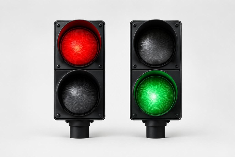 Dois sinais luminosos, um vermelho e um verde, representando o ciclo de teste que falha e depois passa
