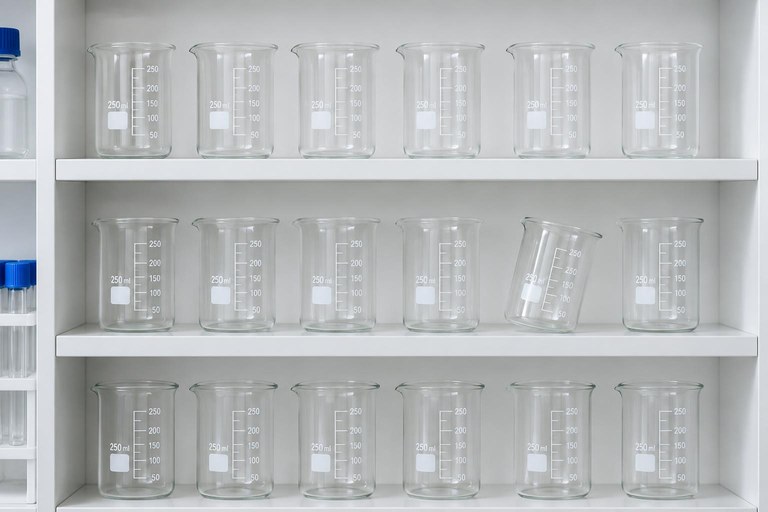 Prateleira de laboratório com frascos alinhados e um deles fora de posição, representando o teste frágil dentro da suíte