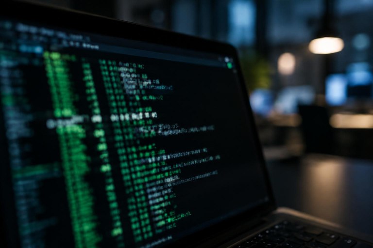 Tela de terminal em um escritório escuro, com caracteres desfocados