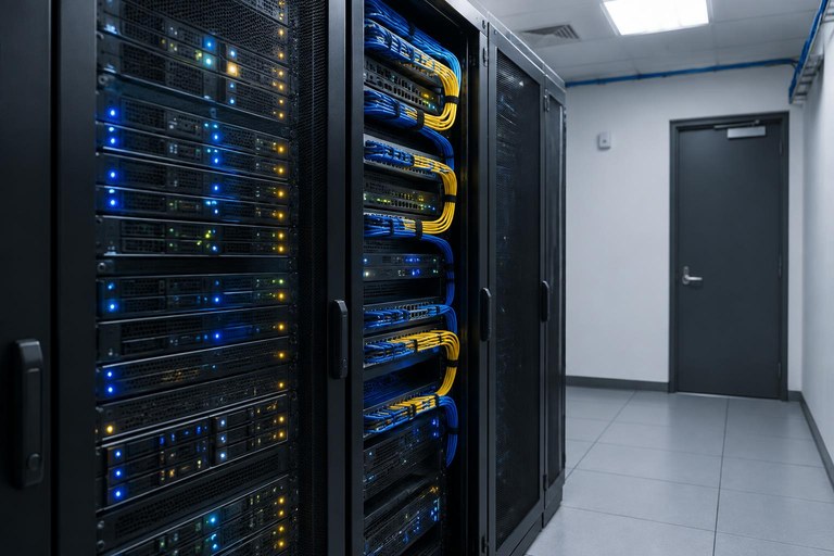 Rack de servidores com luzes de status acesas e cabos organizados