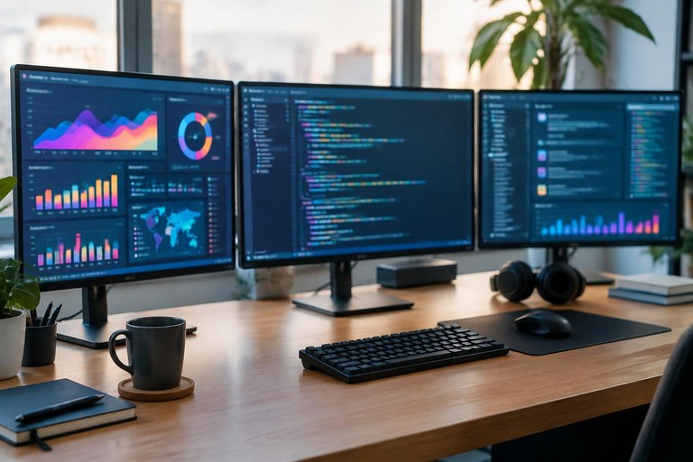 Mesa de trabalho com três monitores mostrando painéis de acompanhamento desfocados