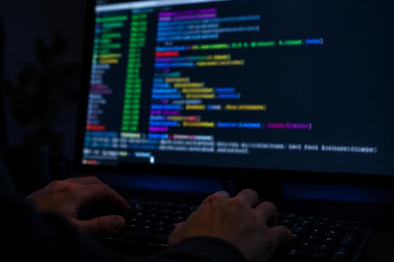 Terminal com saída colorida de comandos desfocada e mãos sobre o teclado