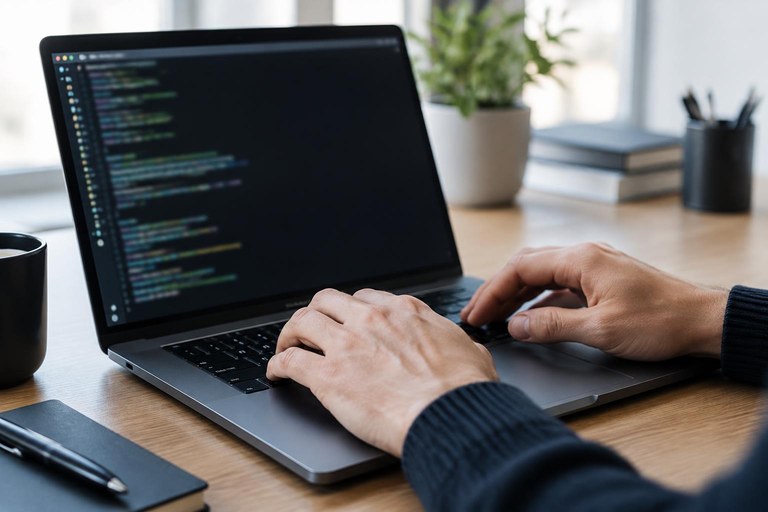 Mãos de uma pessoa digitando comandos em um terminal escuro no notebook