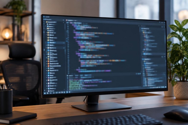 Monitor com editor de código aberto e um painel lateral de assistente