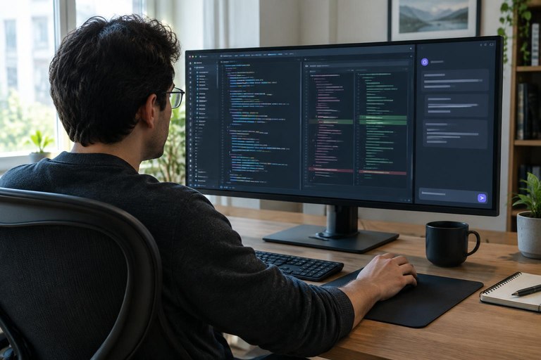 Desenvolvedor usando um editor de código com painel lateral do assistente e comparação de arquivos lado a lado