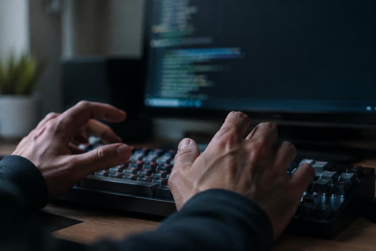 Mãos paradas sobre o teclado diante de um terminal, representando a pausa para revisar um comando