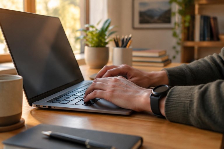 Mãos de uma pessoa digitando em um notebook sobre a mesa, com luz suave de fim de tarde