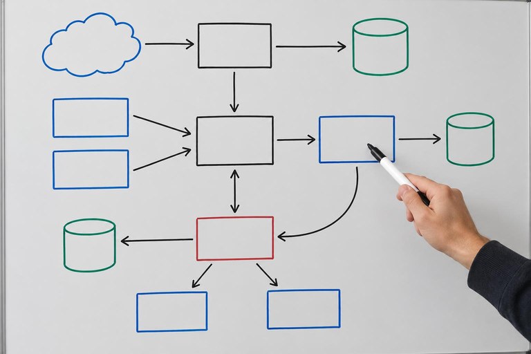 Pessoa apontando para um diagrama de caixas e setas desenhado a mão em um quadro branco