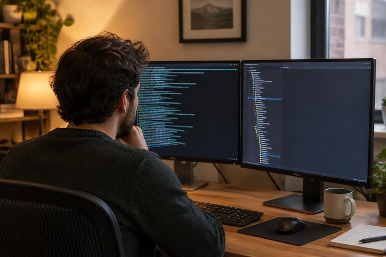 Pessoa desenvolvedora explorando um repositório desconhecido em dois monitores