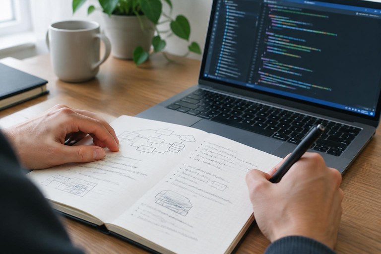 Anotações de arquitetura ao lado de um notebook com código-fonte