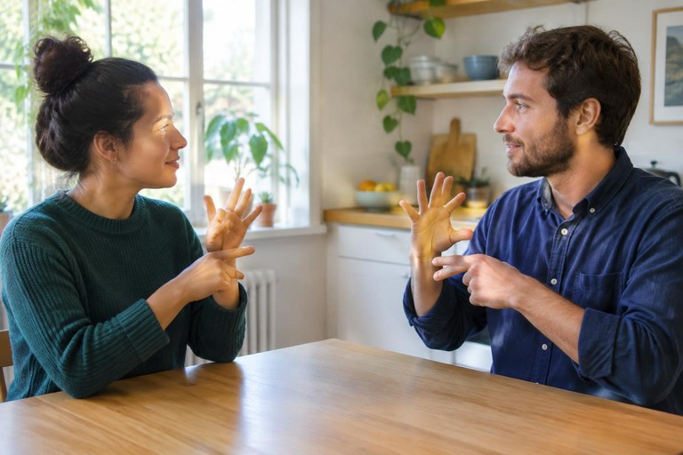 Two people in conversation using sign language while maintaining eye contact