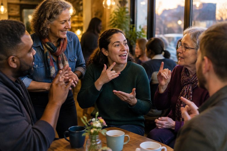A relaxed community gathering where several people are signing with each other