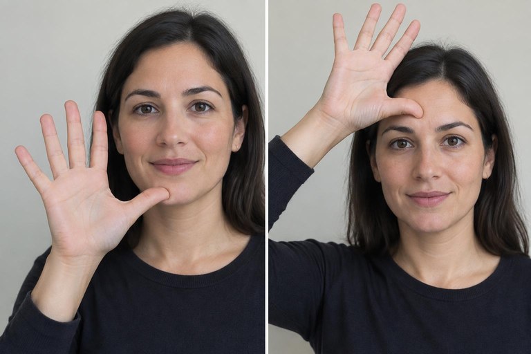 A signer's open hand with the thumb at the chin and, in a second view, at the forehead