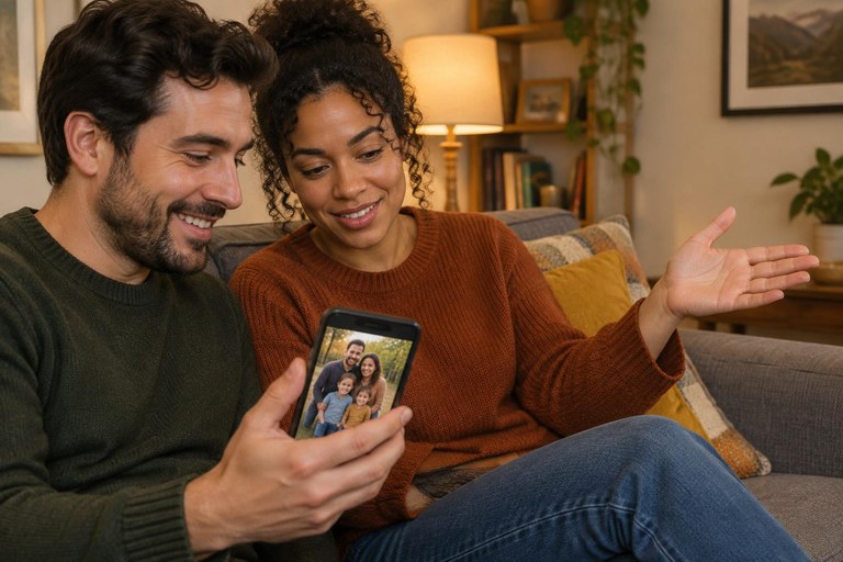 Two people looking at a family photo while one signs and points to a spot in the air
