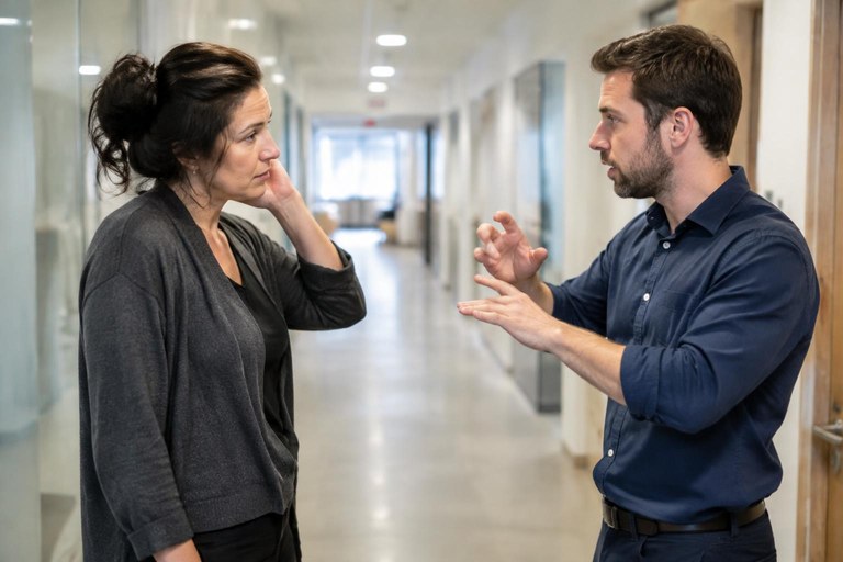 Two adults signing to each other in a hallway, one tired and one animated