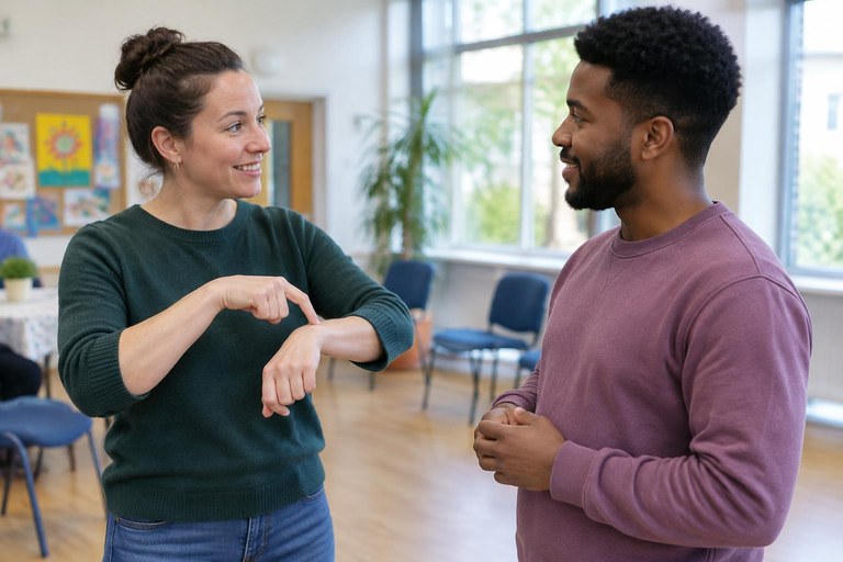 Two people signing to each other, one tapping the back of her own wrist to sign TIME