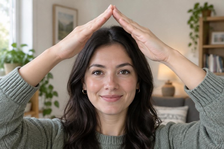 Hands forming the ASL sign HOUSE with fingertips meeting like a roof