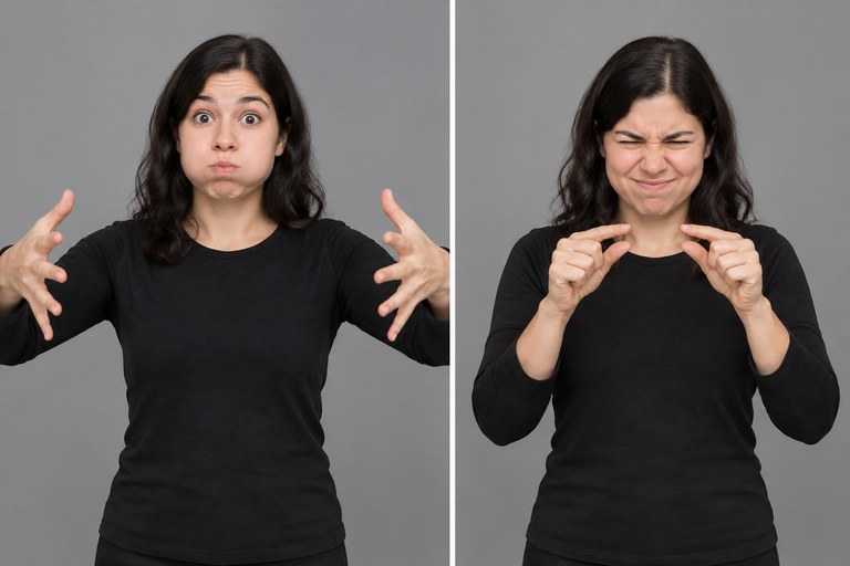 A signer demonstrating BIG with puffed cheeks and SMALL with squinted eyes