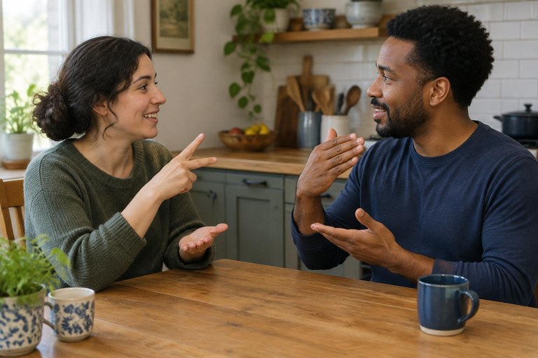 Two people signing to each other at a kitchen table