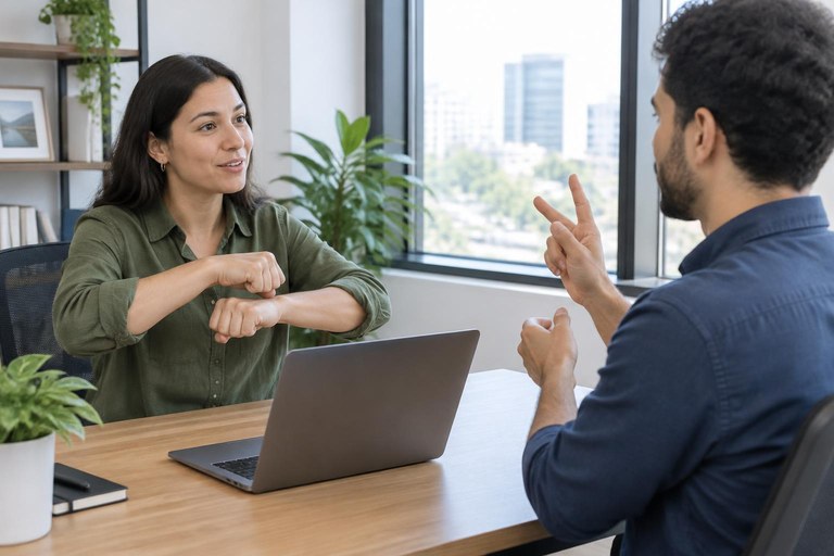 Two colleagues signing to each other in an office