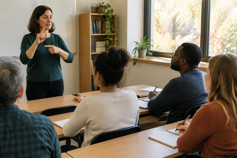 A teacher signing to adult students in a classroom