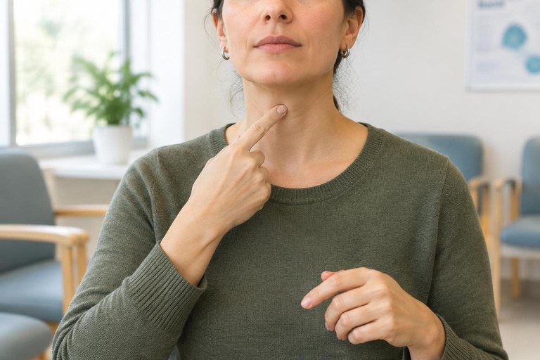 A signer touching an index finger to the throat to sign THROAT