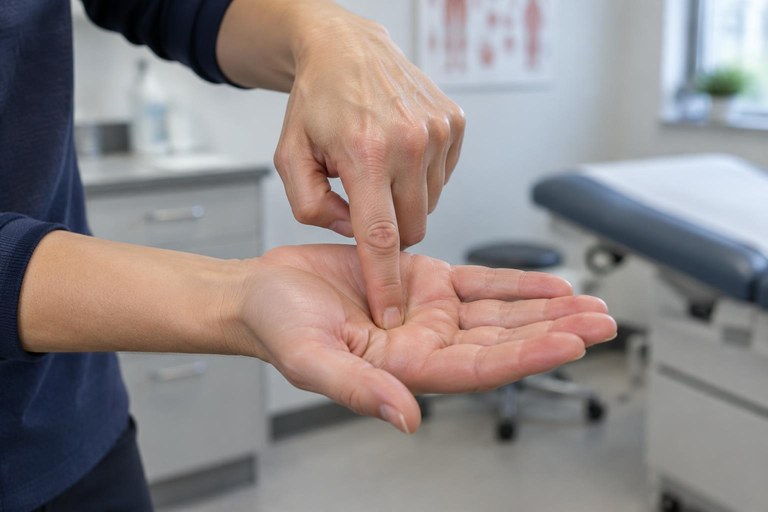 A signer forming MEDICINE by pressing the middle finger into the opposite palm