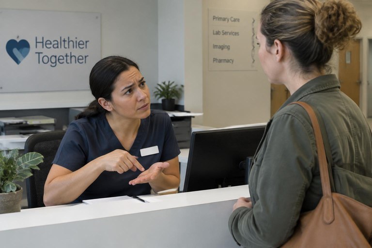 A clinic receptionist signing a WH-question to a Deaf patient across the desk