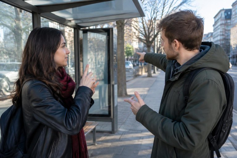 Two people signing to each other at a bus stop