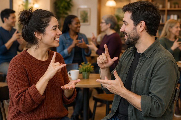 Two adults signing to each other at a Deaf community coffee gathering