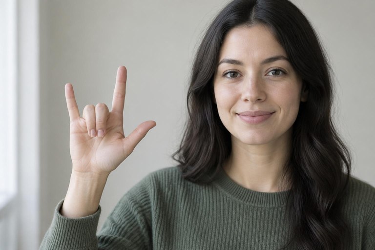 A hand held steady at shoulder height while fingerspelling, elbow relaxed