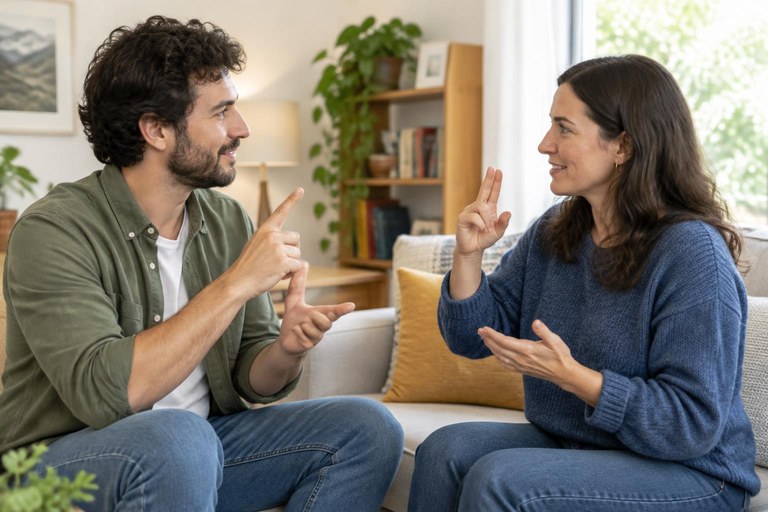 Two people signing while holding steady eye contact with each other
