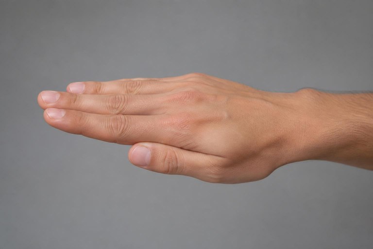 Close-up of a hand forming a flat handshape with fingers together and thumb folded across the palm