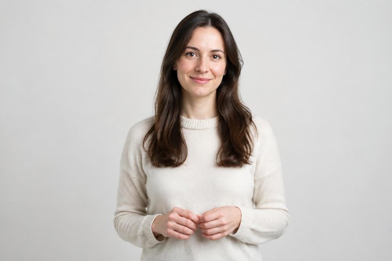 A signer standing with hands held in the neutral signing space in front of the chest