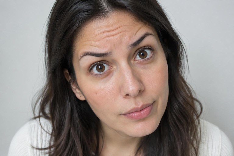 Close-up of a signer's face with eyebrows raised in the yes-or-no question expression