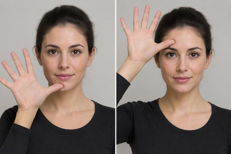 Split image of a signer touching the thumb of an open spread hand to her chin, and then to her forehead