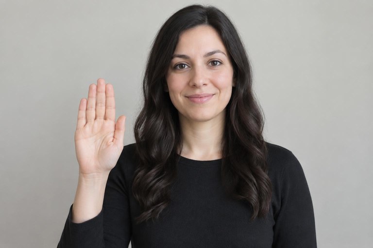 A signer demonstrating correct fingerspelling hand position at shoulder height beside the chin