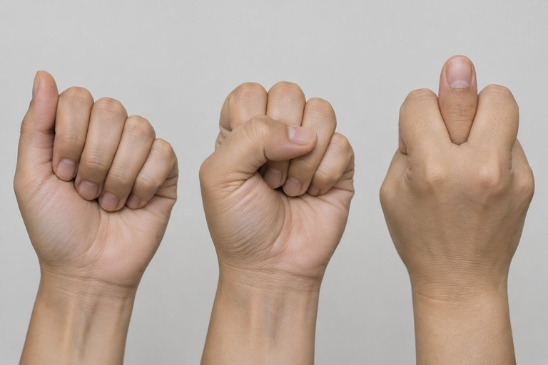 Three fist-based handshapes compared side by side to show different thumb placements