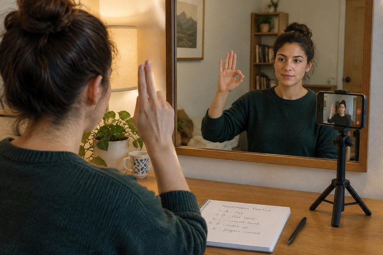 A learner practicing fingerspelling in front of a mirror with a phone recording