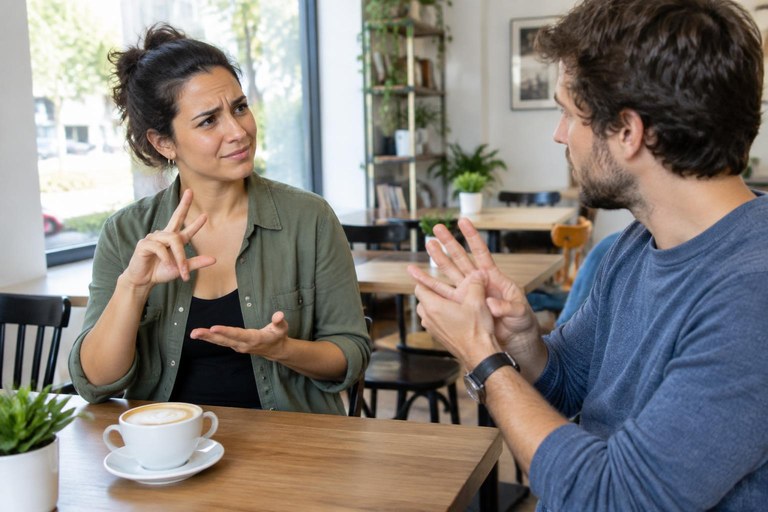 Two people in a café, one politely signalling confusion while the other repeats a fingerspelled word