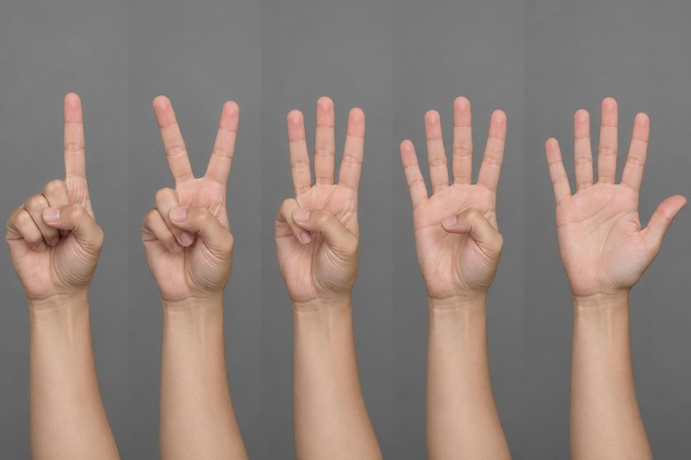 A hand forming ASL numbers one through five with the palm turned toward the signer