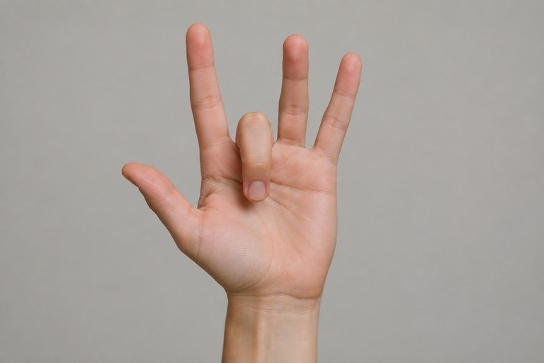 A hand forming the ASL number twenty-five with the middle finger bent