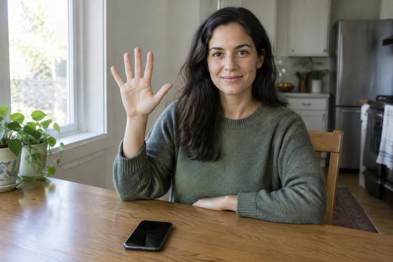 A woman signing a digit with her palm facing outward while giving a phone number