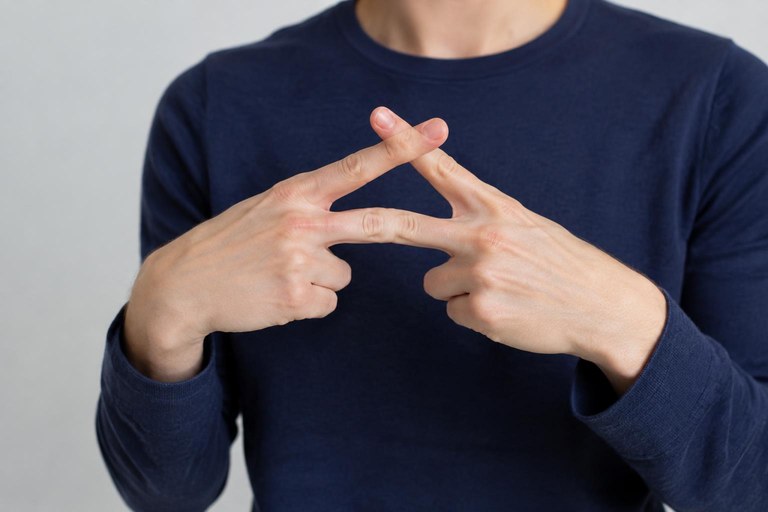 Two H hands crossing and tapping, the sign NAME