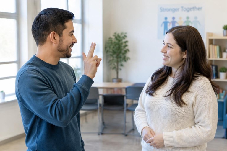 Two people facing each other, one fingerspelling a name while the other watches with eye contact