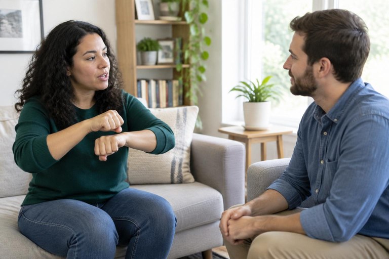 Two people practising a simple ASL statement face to face