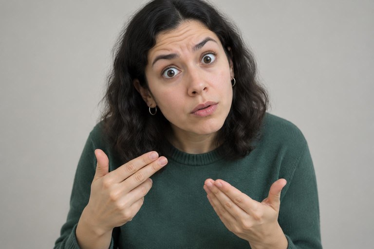 A signer's face with raised eyebrows and head tilted forward, the non-manual marker for a yes or no question