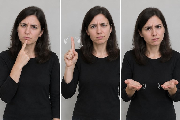 A signer demonstrating the ASL signs WHO, WHERE and WHAT with furrowed eyebrows